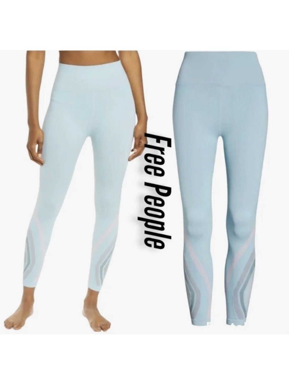 Free People Pastel Blue High-Waist Seamless Leggings with Pink & Gray Accents